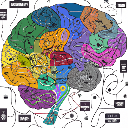 המחשה של מוחו של אדם כמפה, עם מסלולים בצבעים שונים המציינים את אזורי המוח המוערכים.