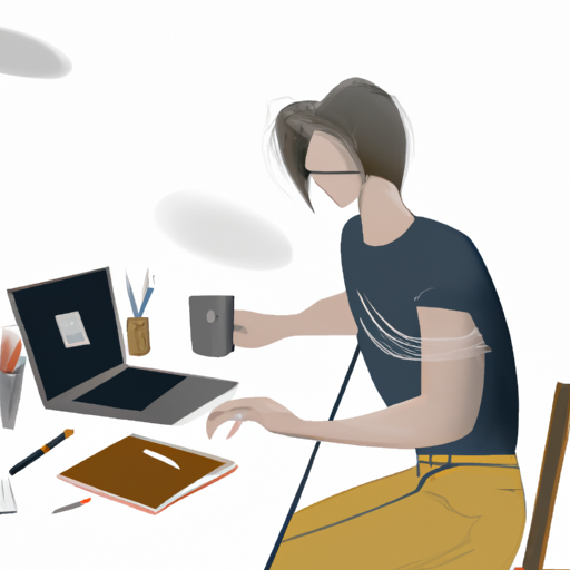 אדם יושב ליד שולחן עם מחשב נייד, מחברת וכוס קפה
