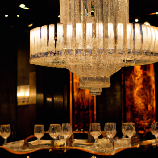 1. תמונה המתארת פינת אוכל מפוארת מזכוכית במסעדה יוקרתית, עם נברשות מלכותיות תלויות מעל הראש.